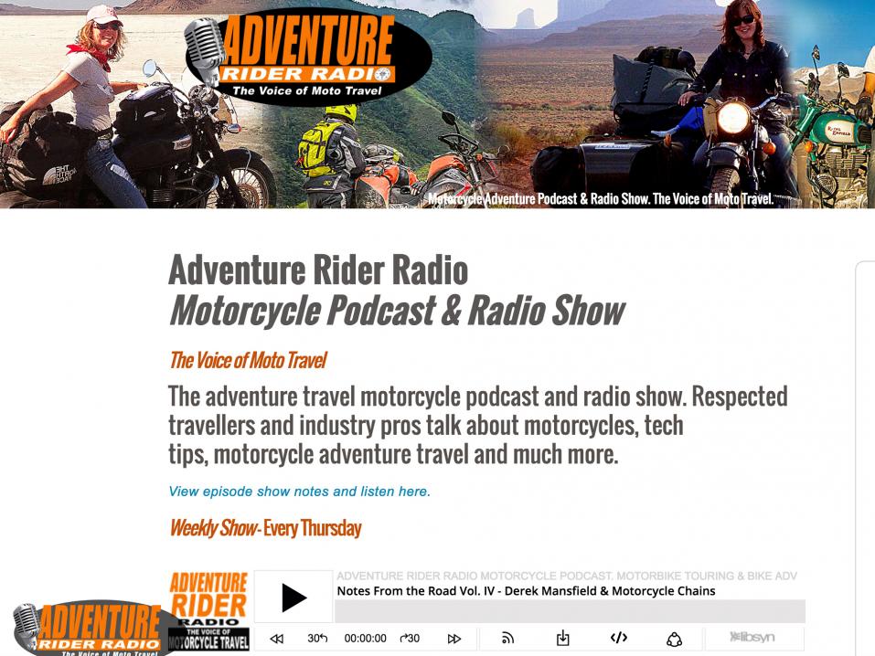 Adventure Rider Radio - The Voice of Moto Travel. Ruutukaappaus palvelun etusivusta.
