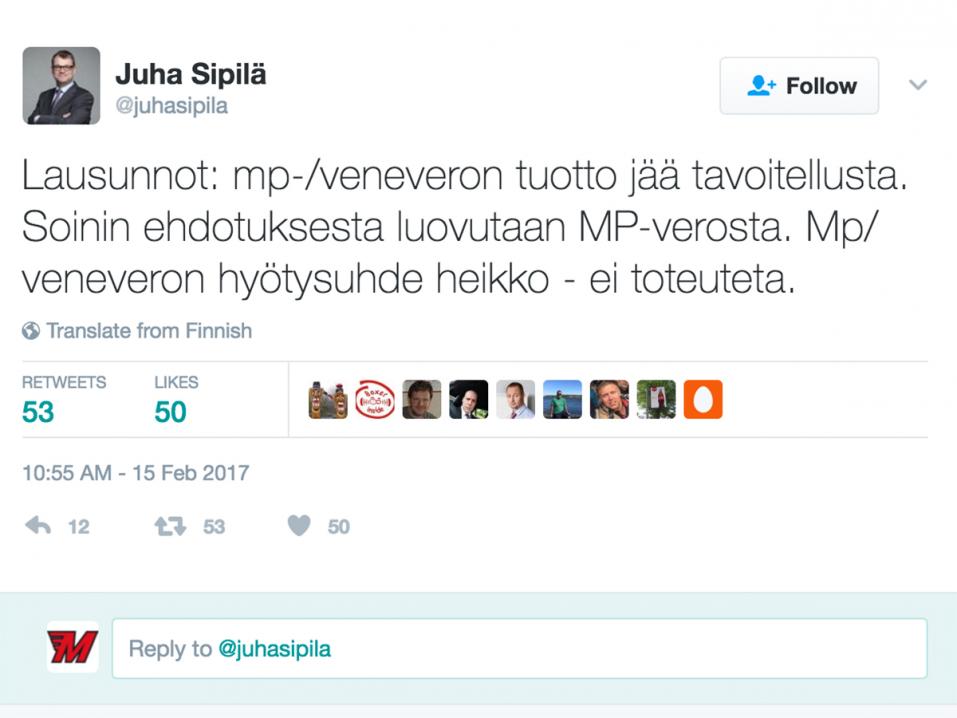 Juha Sipilän 'vatulointi'tviitti 15.2.2017.
