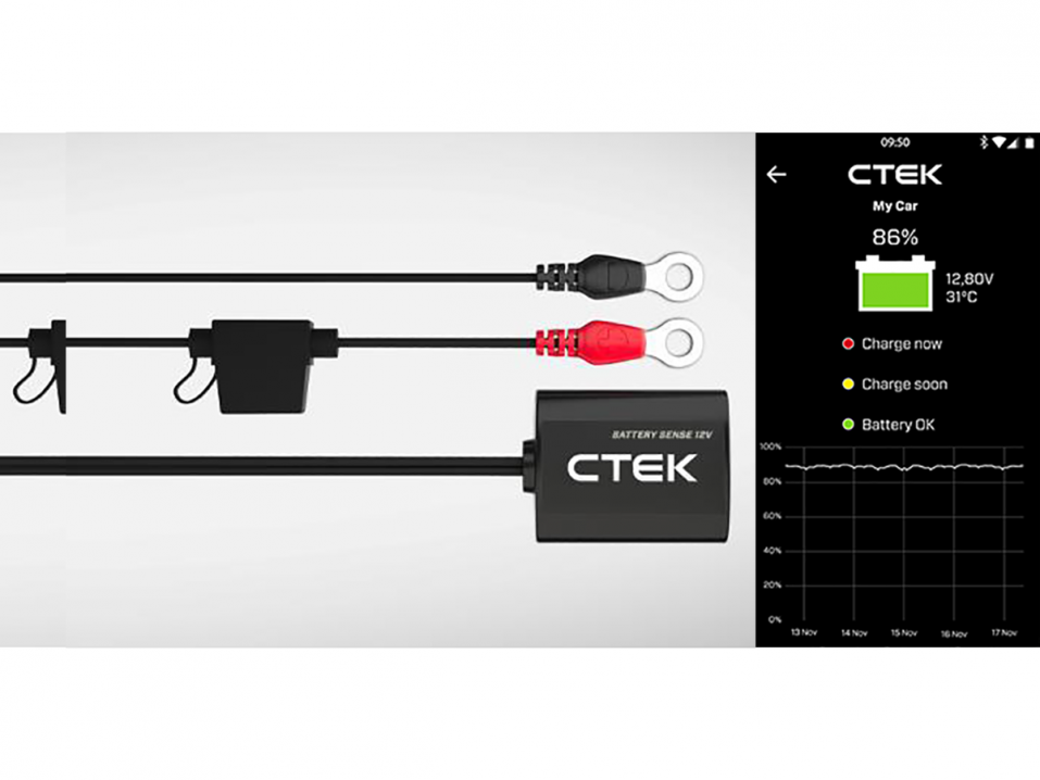 Samassa kuvassa sekä CTEKin Battery Sense että ohjelmiston 2.0-version kännykkään lähettämät seurantatiedot.