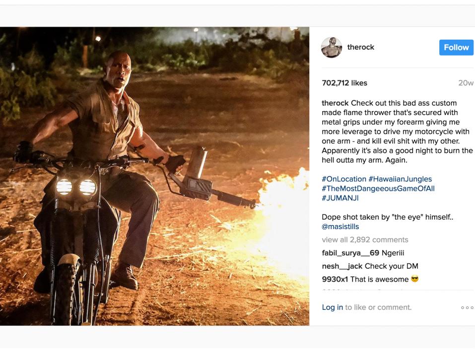 Kuva Dwayne ‘The Rock’ Johnsonin Instagram-tililtä, missä mies hehkuttaa Jumanjin kuvauksia.