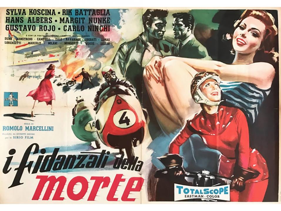 Vuonna 1957 tehdyn Grand Prix -elokuvan 'I Fidanzati Della Morte' eli 'Vihkiytyneet Kuolemaan'  alkuperäinen mainos.
