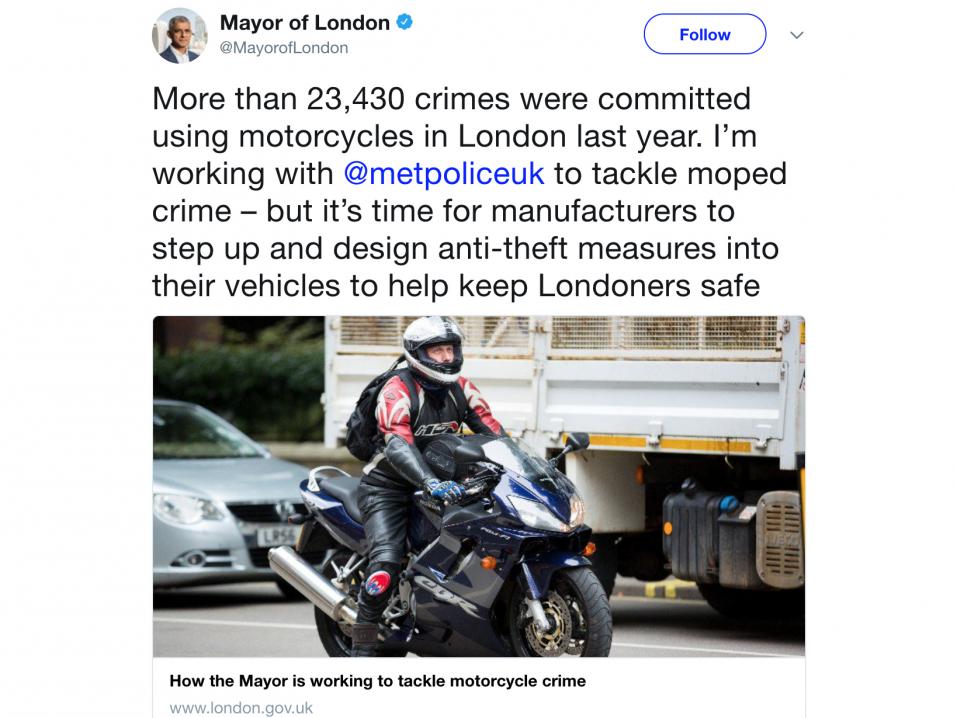 Lontoon pormestari twiittasi mp-varkauksista ja syytti niistä liian helposti varastettavissa olevia moottoripyöriä.
