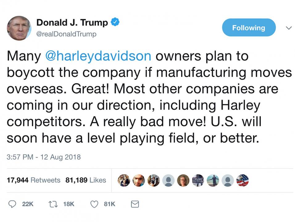 Presidentti Trumpi tuorein Harrikan vastaisen boikotin kannatusviesti Twitteristä.