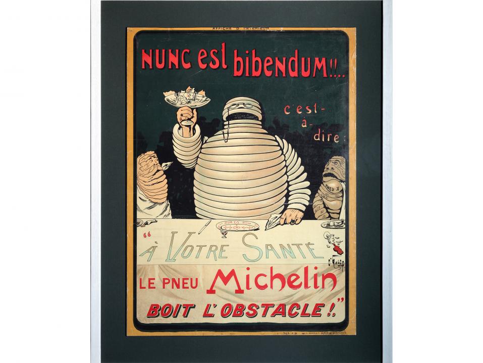 Michelin-ukon ensiesiintyminen 1898. 'On aika juoda'. Kuvassa vielä varsin yläluokkainen Bibendum.