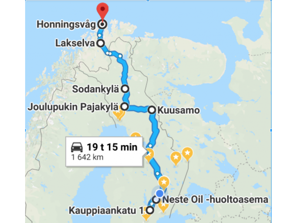 Ryhmän reitti valittiin lumiolosuhteiden mukaan kahdesta vaihtoehdosta. Tällä reitillä pitäisi tulla lunta vain 100-200 kilometrin matkalla Rovaniemeltä pohjoiseen.