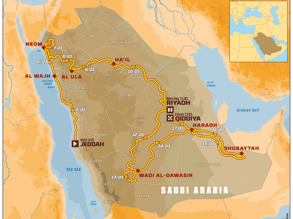 Legendaarisen Dakar-Rallin 2020 reitti Saudi-Arabiassa.