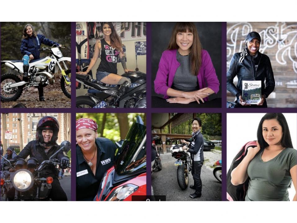 Osa moottoripyöräilevien naisten maailmanlaajuisen virtuaalikonferenssin esiintyjistä. 