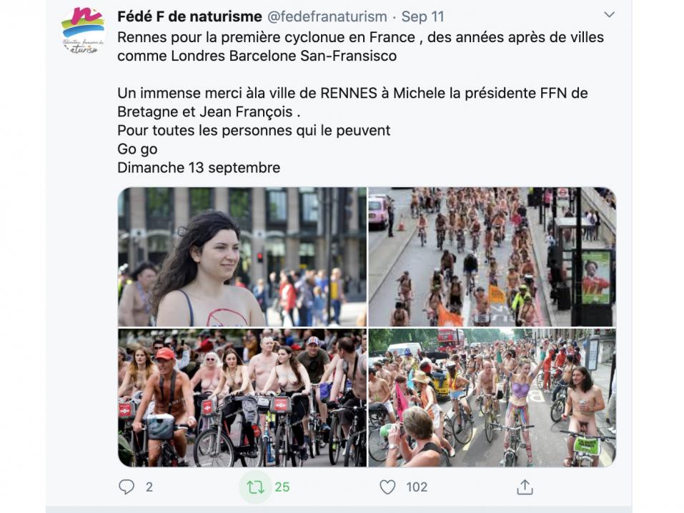 Nakupyöräilijöitä eli cyclonudistoja. Kuva: Ranskan naturistiliiton Twitter-tili.