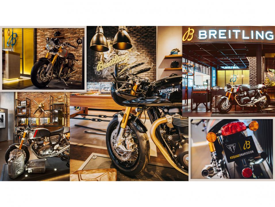 Kahden valmistajan yhteistyön merkiksi Breitlingin boutiqueissa eri puolilla maailmaa on näytillä Triumph Thruxton RS:iä.
