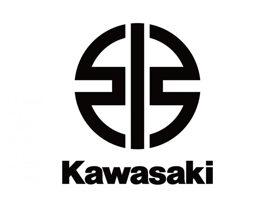 Kawasaki-korporaation uusi japanilaisesta 'Joki'-kanjista tyylitelty logo. Merkki on tuttu mm. mekaanisesti ahdettujen H2-mallien keulalta.