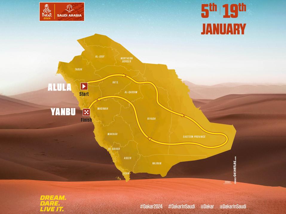 Tulevan Dakar-rallin reittikartta. Legendaarinen tapahtuma järjestetään 5.-9. tammikuuta 2024.