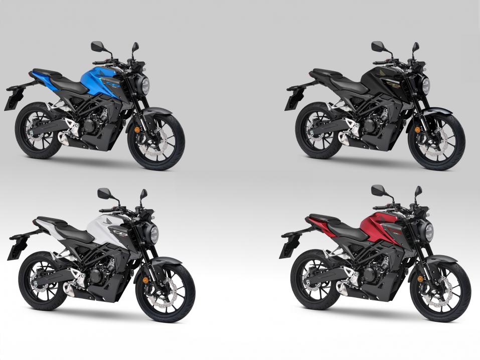 Honda CB125R Neo Sports Cafe vuosimallia 2024. Kaikki värivaihtoehdot samassa kuvassa.