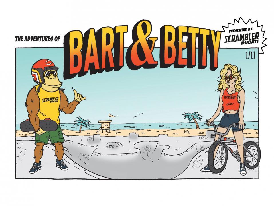 Bart & Betty sarjakuvahahmot sekä Scrambler-logo.