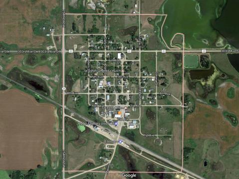 Ryder City, Pohjois-Dakota koko 88 hehtaarin koreudessaan. Punainen viiva rajaa kaupungin alueen.