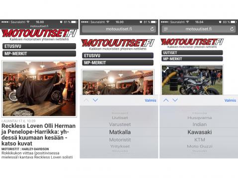 Ohessa kolme mobiililaitteen näyttöruutua siitä, miten esimerkiksi edetä valikoissa, jos lukee Motouutiset.fi:tä matkapuhelimella.