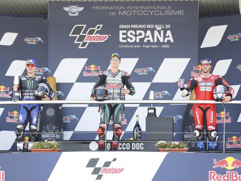 MotoGP podium vasemmalta: Vinales, Quartararo ja Dovizioso.