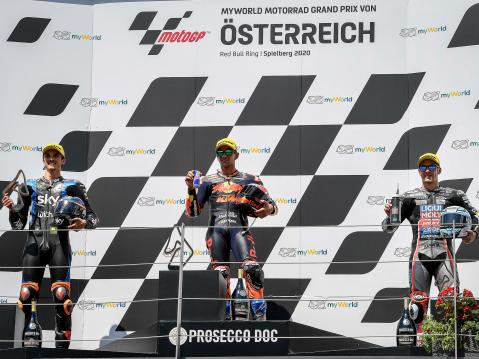 Moto2 podiumilla vasemmalta: Marini, Martin ja Schrötter.