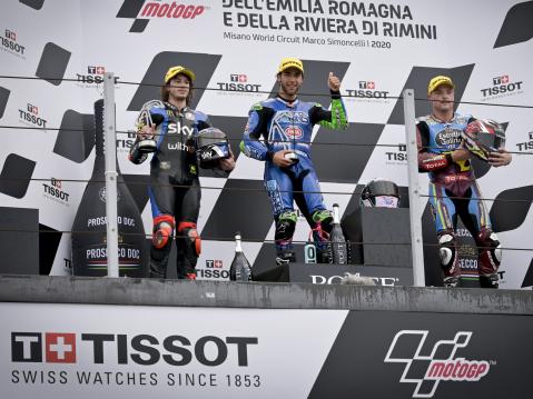 Moto2 podium vasemmlta: Bezzecchi, Bastianini ja Lowes.