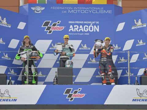 Moto3 podium vasemmalta: Binder, Masia ja Fernandez.