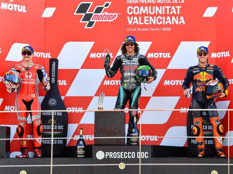 MotoGP podium vasemmalta: Miller, Morbidelli ja Espargaro