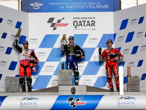 MotoGP podium vasemmalta: Zarco, Vinales ja Bagnaia