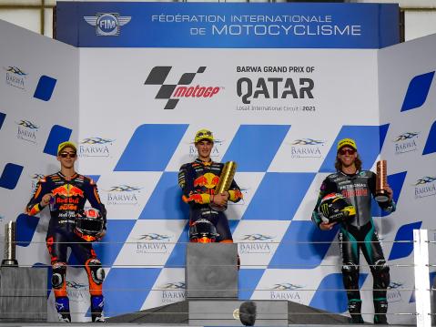 Moto3 podium vasemmalta: Guevara, Binder ja McPhee