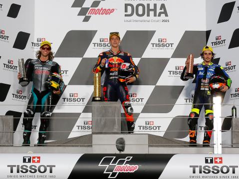 Moto3 podium vasemmalta: Binder, Acosta ja Antonelli