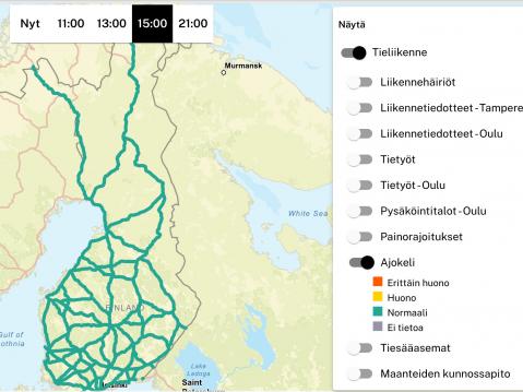 Finntrafficin Liikennetilannekartta tarjoaa monipuolisesti palveluja.
