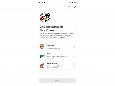 Tämän kautta voit valita Wazessa puheääneksi Joulupukin tai Joulumuorin. Samoin voit vaihtaa ajoneuvosi kuvakkeeksi Joulupukin reen. iOS.